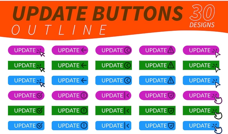 Vector complete set of update buttons with hand pointer arrow pointer and other related icons in outline