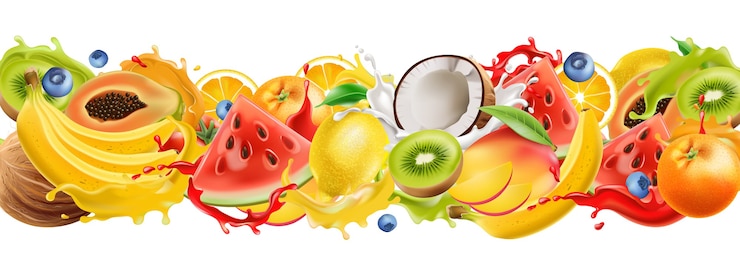 Vector composition of tropical fruits splashing in flowing juice. watermelon, orange, coconut, kiwi, mango, banana, blueberries. realistic 