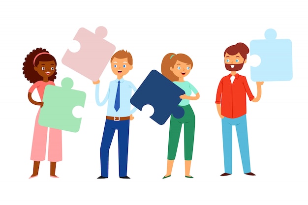 Composition, people holding puzzles in their hands, bright concept business team, , cartoon   illustration.