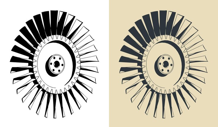 Vector compressor blisk and turbine blades blueprints illustration