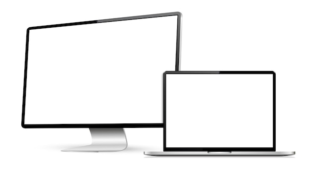computer and laptop with white screen on white background
