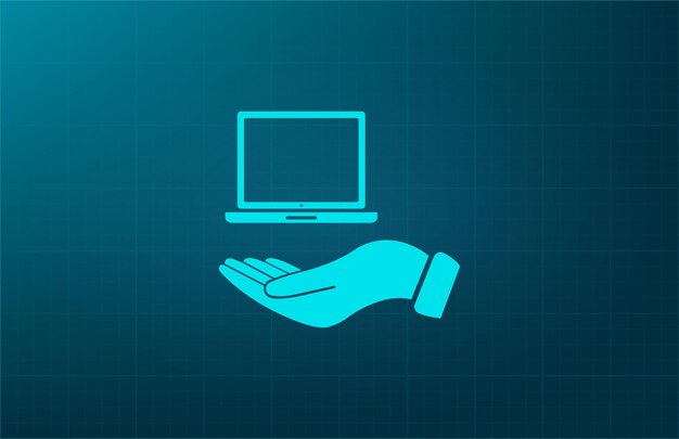 Computer at hand technology protection symbol vector illustration on a blue background Eps 10