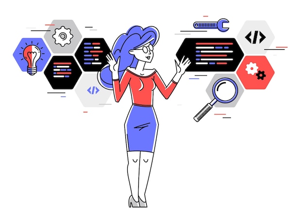 Computer engineer in work vector outline illustration programmer and system administrator doing his job with some operating system