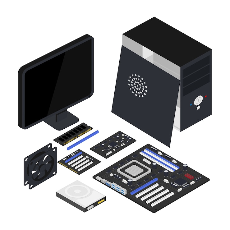 Vector computer hardware isometric illustration, processor, motherboard, hard drive, fan isolated  clipart.
