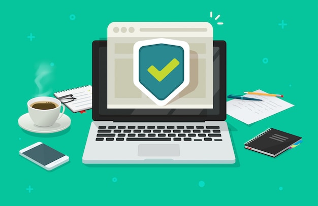 computer laptop online protection shield on internet browser web site or pc with secure connection website  flat cartoon illustration
