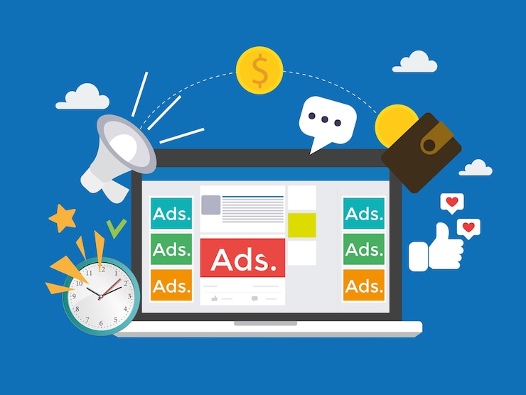 Vector computer laptop with social media advertising website social ads digital marketing concept money