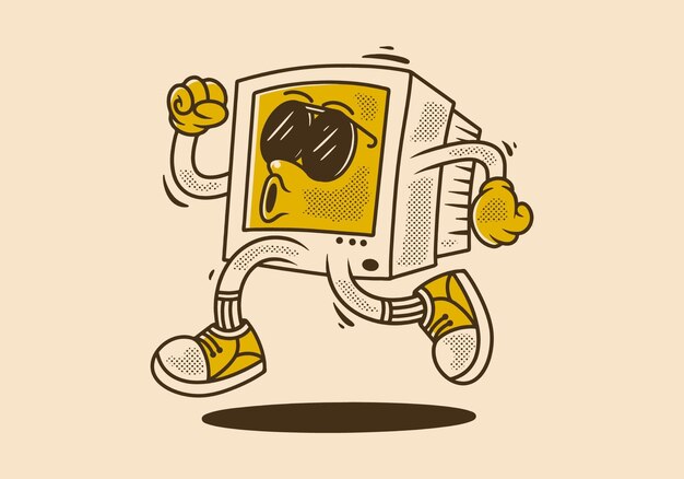Computer monitor character design in running pose with retro vintage style