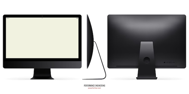 computer monitor mockup black color with blank screen view front back and side on white background