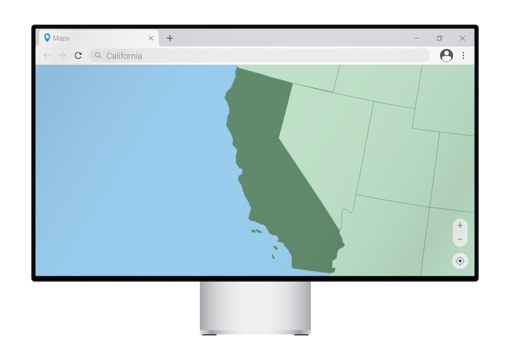 Vector computer monitor with map of california in browser search for the country of california on the web mapping program