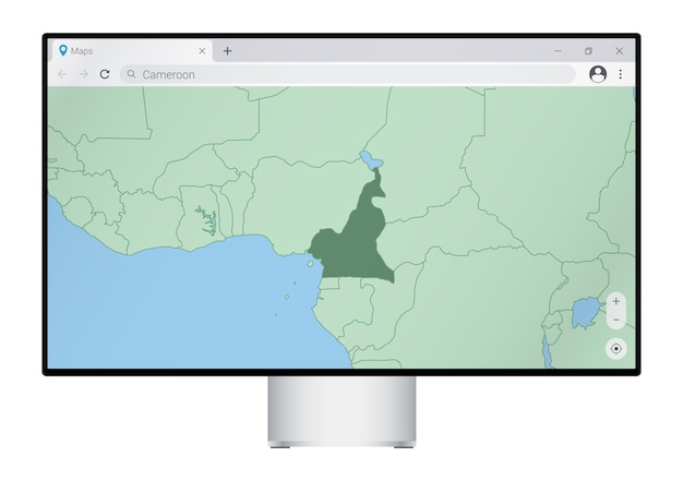 Computer monitor with map of Cameroon in browser, search for the country of Cameroon on the web mapping program.