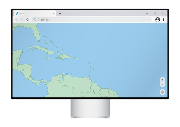 Vector computer monitor with map of dominica in browser search for the country of dominica on the web mapping program