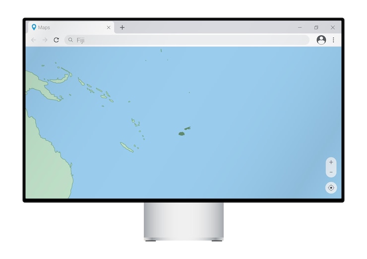 Vector computer monitor with map of fiji in browser search for the country of fiji on the web mapping program