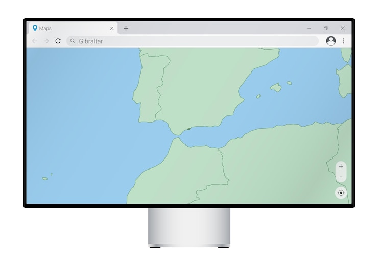 Vector computer monitor with map of gibraltar in browser, search for the country of gibraltar on the web mapping program.