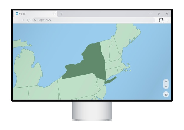 Computer monitor with map of New York in browser search for the country of New York on the web mapping program