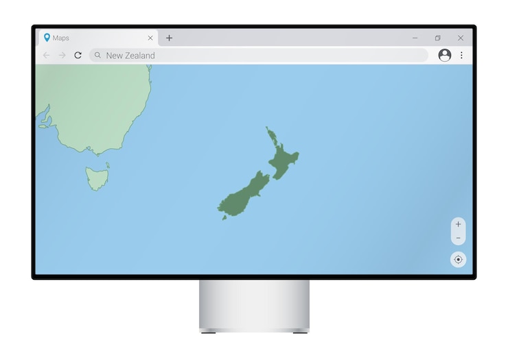 Vector computer monitor with map of new zealand in browser search for the country of new zealand on the web mapping program