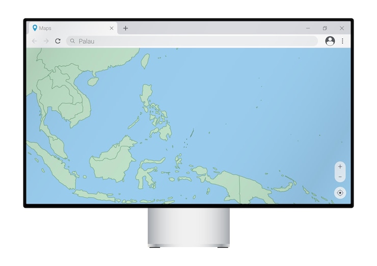 Vector computer monitor with map of palau in browser search for the country of palau on the web mapping program