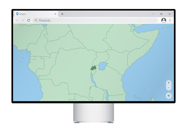Computer monitor with map of Rwanda in browser, search for the country of Rwanda on the web mapping program.