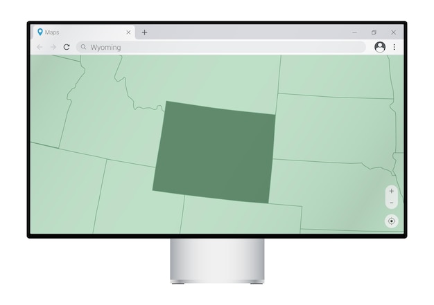 computer monitor with map of wyoming in browser search for the country of wyoming on the web mapping program