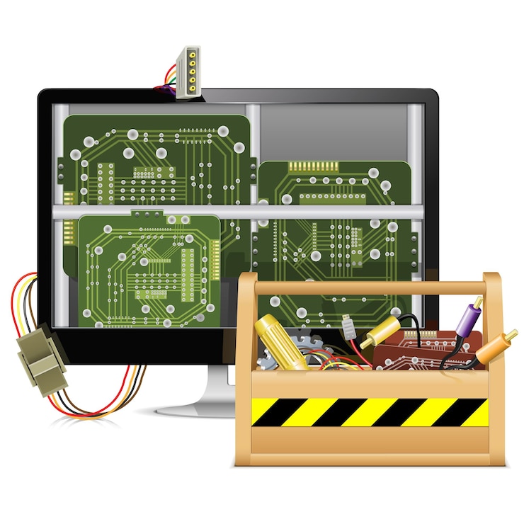 Vector computer repair with toolbox