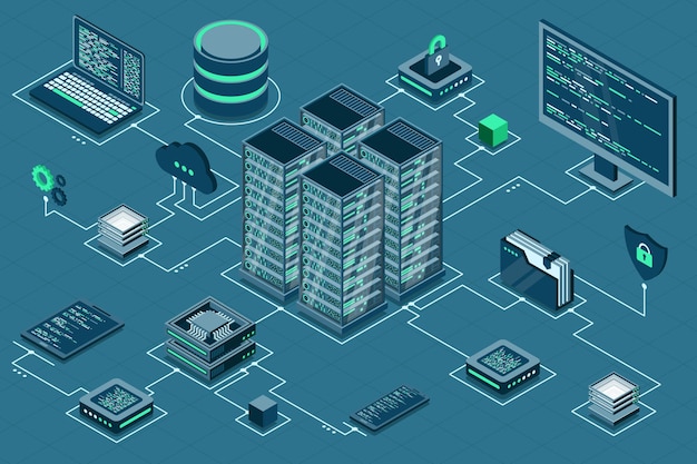 computer technology isometric illustration computation of big data center cloud computing online devices upload and download information modern 3d isometric vector illustration
