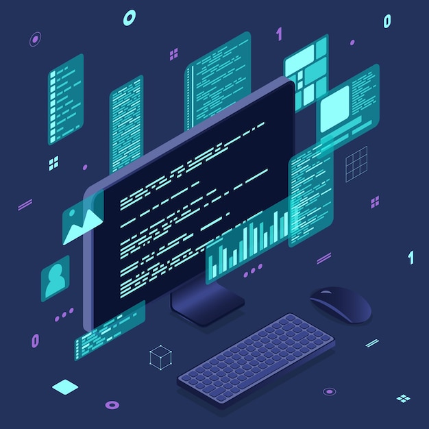 Computer technology isometric illustration Desktop computer platforms Software programming coding concept Code with computer monitor Isometric technology