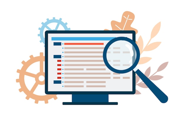 Computer with code and magnifier checking program vector illustration isolated