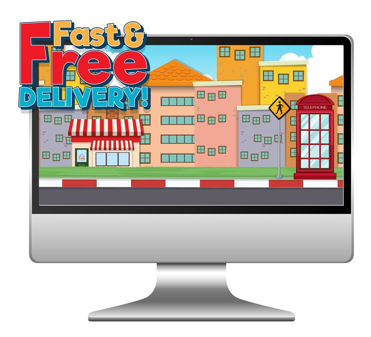 Vector computer with fast and free delivery logo