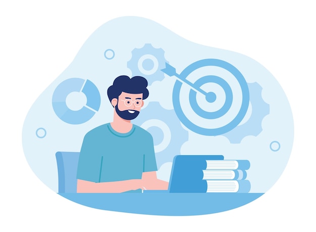 Concentration and focus on business goals a worker works with a laptop concept flat illustration