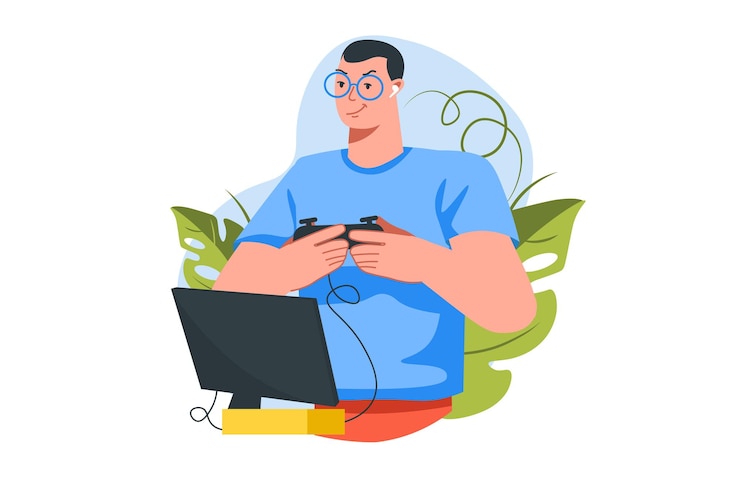 Vector concept gaming with people scene in the flat cartoon style man plays computer games on a laptop
