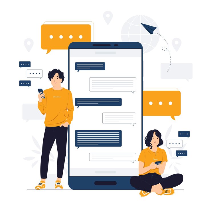 Vector concept illustration of man and woman friends having online conversation messaging chatting communication texting messages in mobile phone apps flat cartoon style