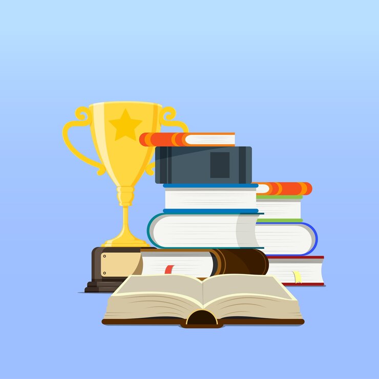 Vector concept illustration of reading education and knowledge ebook literature encyclopedia and golden trophy