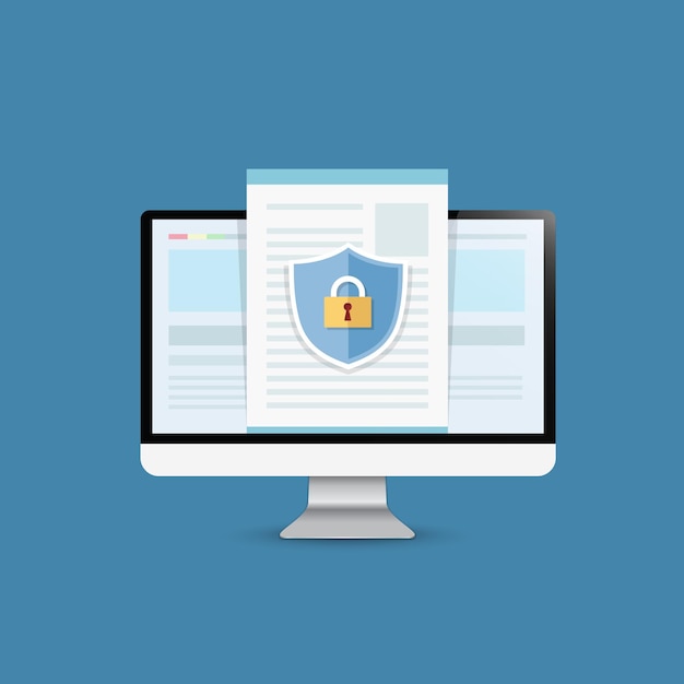 Concept is data security center Shield on Computer Desktop Vector Design