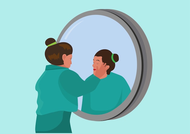 concept of acceptance young woman loves herself A woman stands in front of a mirror reaching out to comfort her reflection mental health care Optimism Vector illustration
