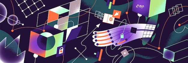 Concept of blockchain technology Abstract background with digital networks of block chain Crypto mining NFT trading cryptocurrency tokens Modern tech in finance system Flat vector illustration