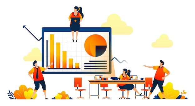 Concept of business meeting in workspace with projectors debate bar chart diagram