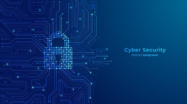 Concept of cybersecurity and information protection The Padlock on circuit motherboard and futuristic blue background Secure technology and computer network protection Vector illustration