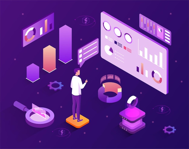 Concept of data visualization a man collects data analyzes it makes graphs charts and tables on a