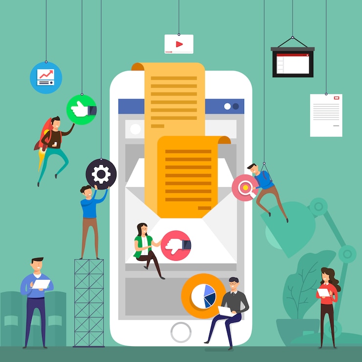 Vector   concept team working for building email marketing on mobile.  illustrate.