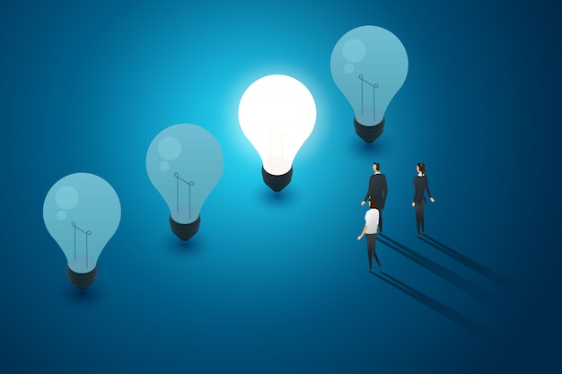 Concept with light bulbs blue background group of business people stand look and idea creativity thinking. illustration 