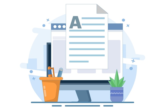 concept writing online text document content on desktop computer or creating essay or book on pc