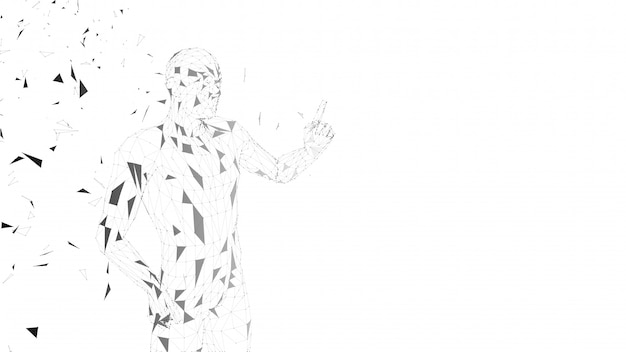 Conceptual abstract man pointing finger up. Connected lines, dots, triangles, particles. Artificial intelligence concept. High technology vector digital background. 3D render vector illustration