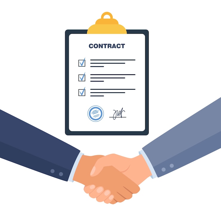 Vector concluding a contract business negotiations two male businessmen shake hands