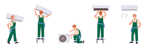 Conditioning service set with isolated professional technician workers engaged in home office ventilation and cooling system repair cleaning maintenance checkup and installation on white background