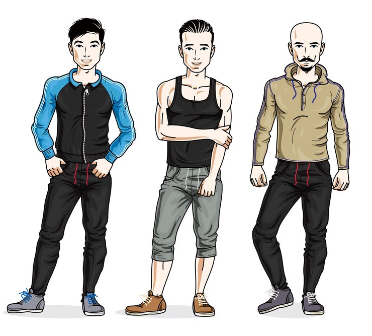 Vector confident handsome men group standing in stylish sportswear. vector people illustrations set.