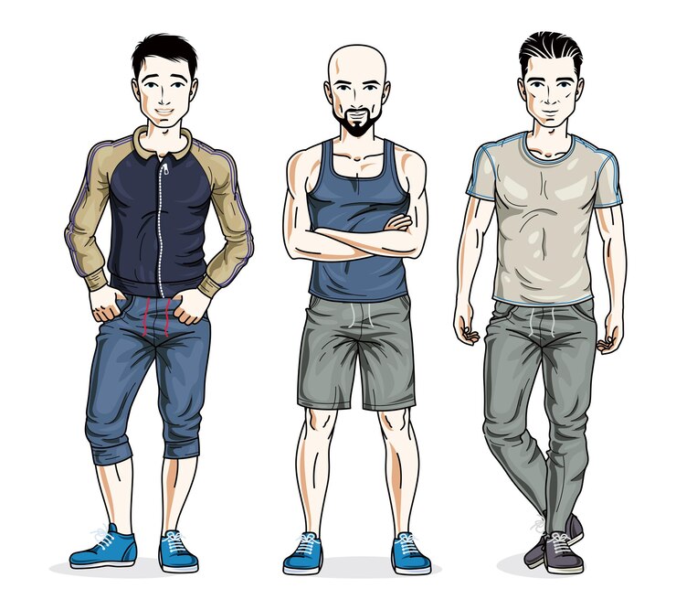 Vector confident handsome men posing in stylish sportswear. vector set of beautiful people illustrations. lifestyle theme male characters.