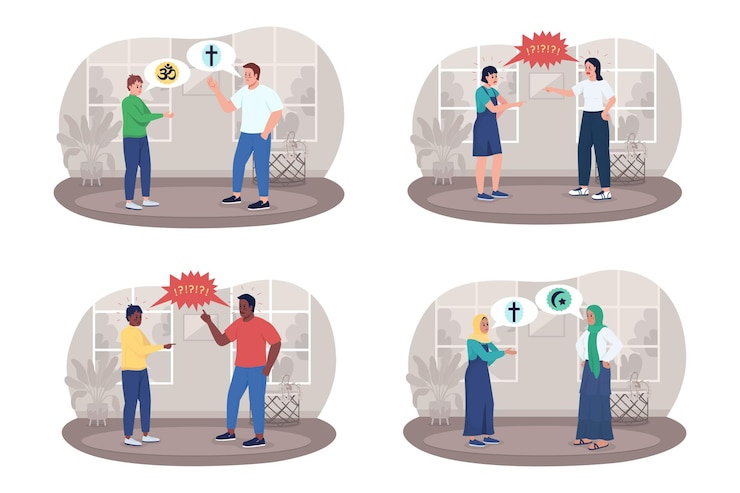 Vector conflict with parents 2d vector isolated illustration set. upset teenager arguing with mother and father flat characters on cartoon background. adolescence colourful scene collection