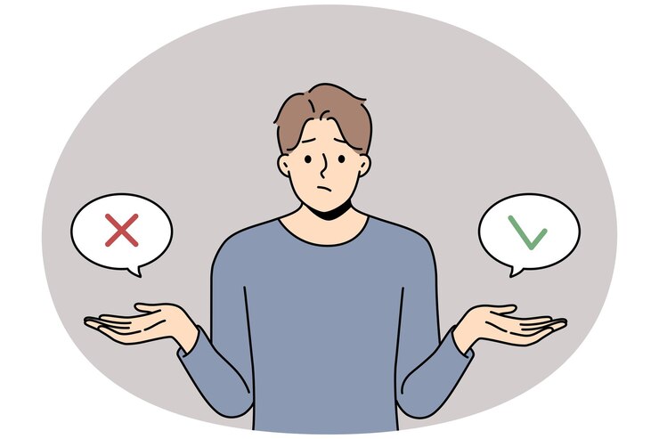 Vector confused man doubt about decision making