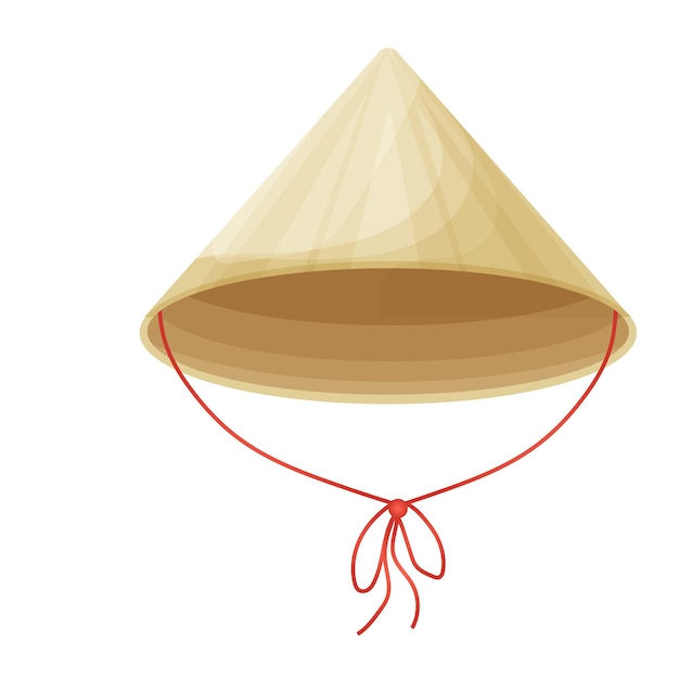 Conical traditional Asian hat from natural materials with ribbon in cartoon style isolated