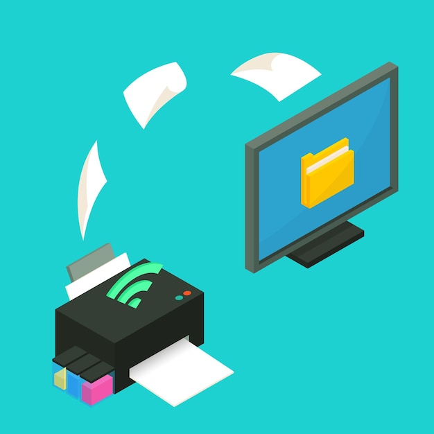 connect data to a wireless printer by wifi isometric 3d vector illustration