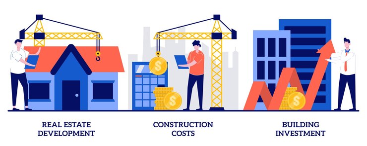 Construction costs, building investment concept with tiny people illustration